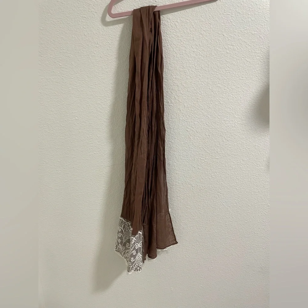 Brown Scarf with White Lace Trim